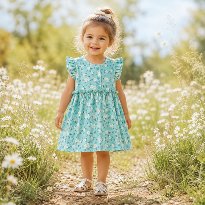 Toddler wearing a mint-aqua cotton summer dress with white daisy print, flutter sleeves, button neckline and gathered skirt from Lullaby Threads.