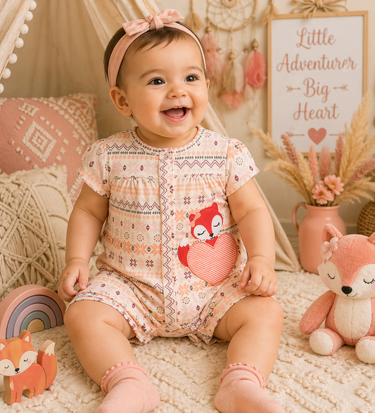 Baby girl romper in peach with a fox applique and heart detail featuring a soft patterned gypsy-inspired design.