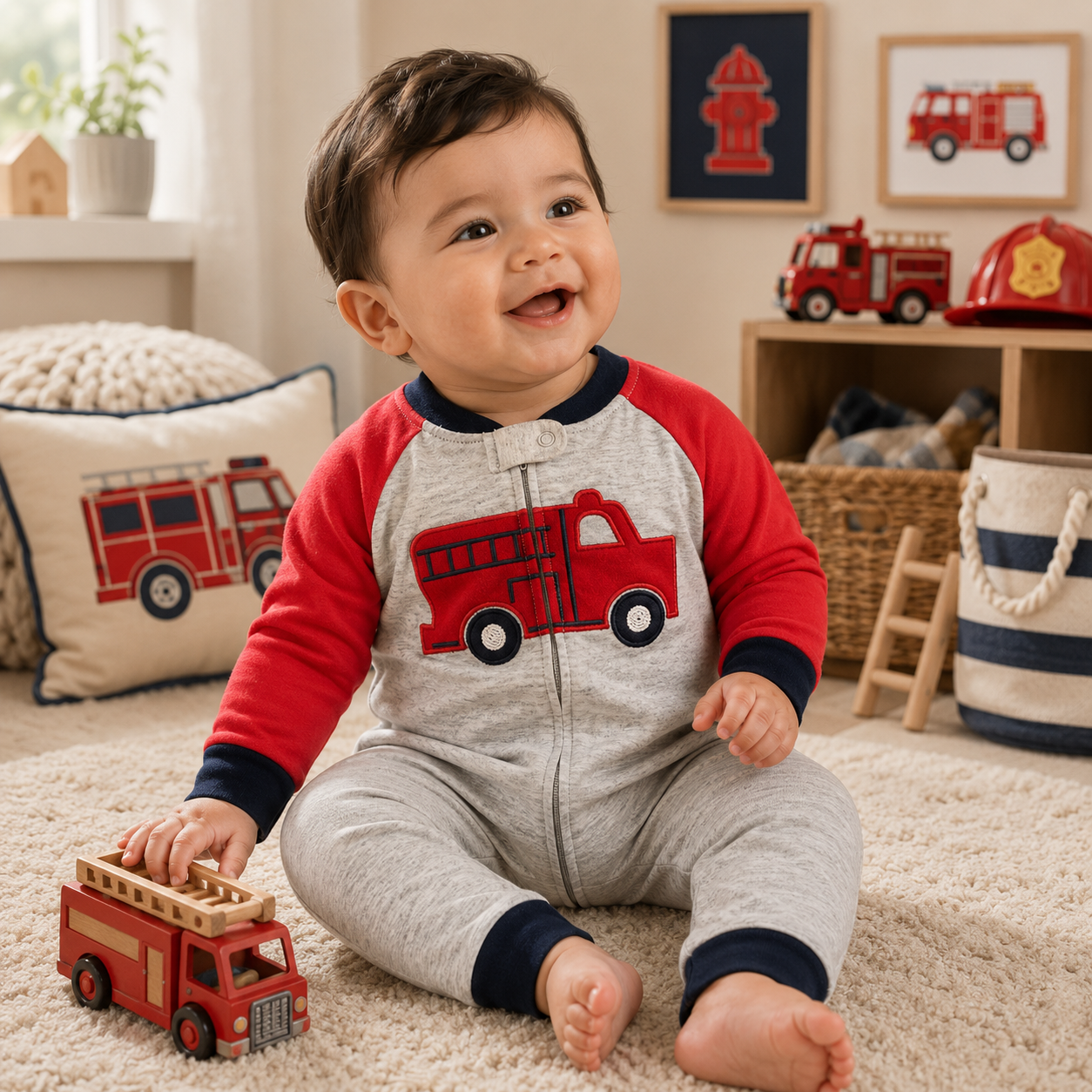 Baby wearing the Little Heroes Fire Truck Baby Zip Romper in grey marl with red sleeves while enjoying playtime in a premium firefighter-inspired nursery from Lullaby Threads.