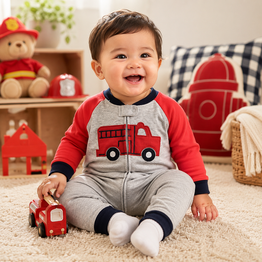 A smiling baby sitting on a beige carpet wearing a gray and red fire truck onesie with navy cuffs and collar. The baby is holding a small red toy truck in a cozy, child-friendly room with toys and pillows in the background.
