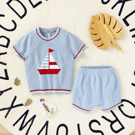Knitted Blue Boat Print Short Sets - Baby Boy