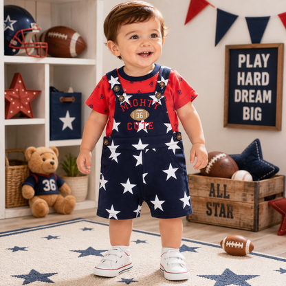 Toddler boy wearing a red anchor-print T-shirt and navy star shortall with football appliqué in a sporty playroom from Lullaby Threads.