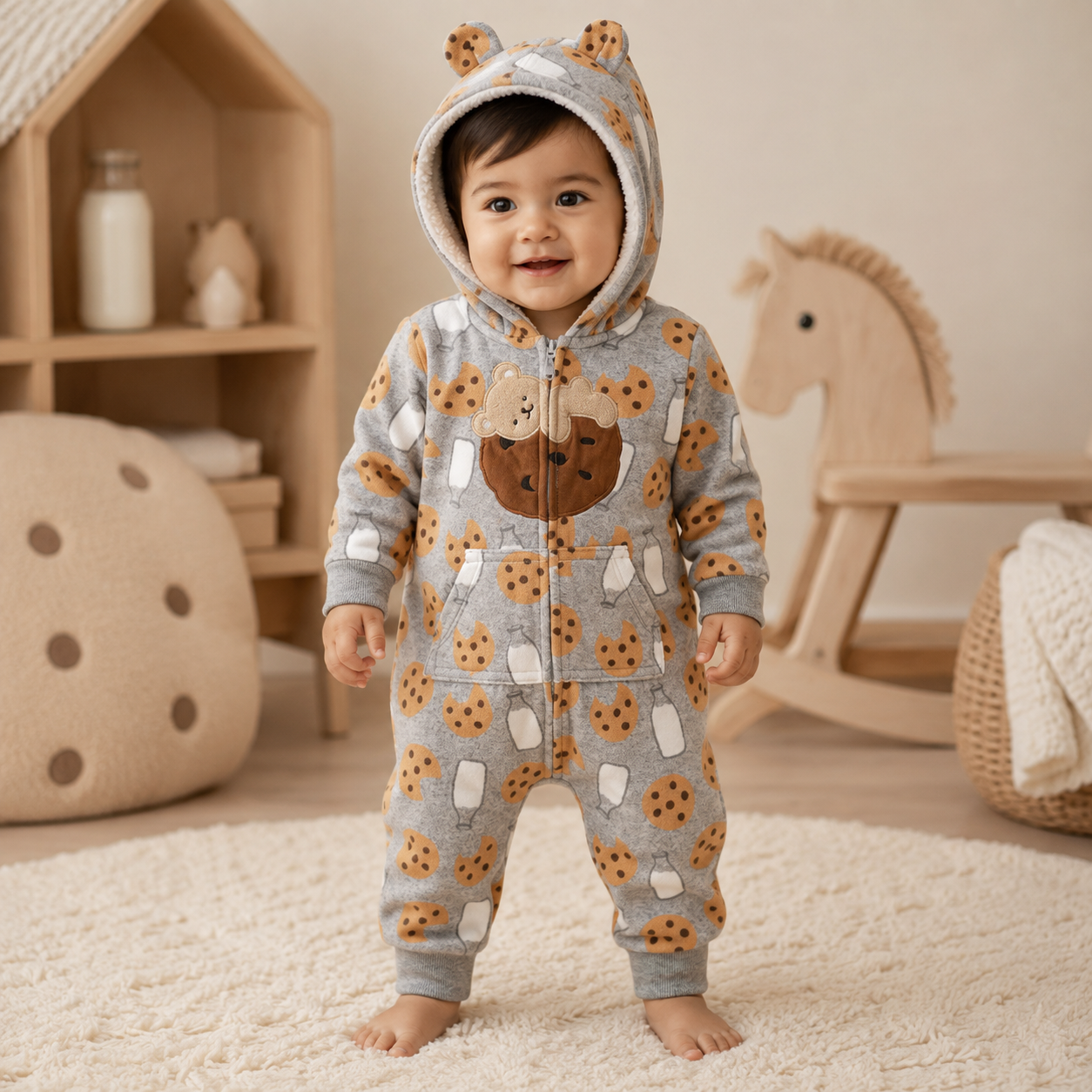 Toddler wearing a grey milk-and-cookies polar fleece hooded romper with bear appliqué, front pockets and little hood ears from Lullaby Threads.