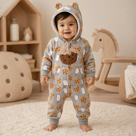 Toddler wearing a grey milk-and-cookies polar fleece hooded romper with bear appliqué, front pockets and little hood ears from Lullaby Threads.