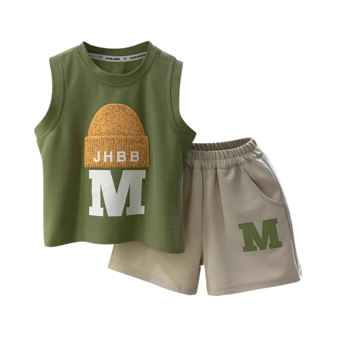 Mini Champ Tank Top & Shorts Set – Green & Beige