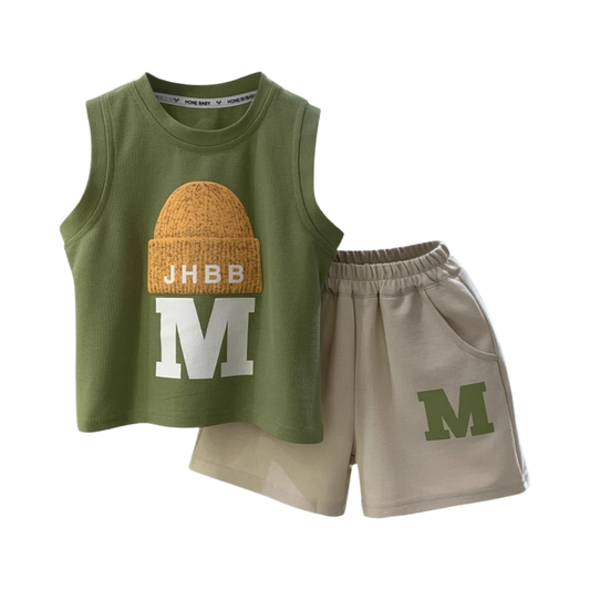 Mini Champ Tank Top & Shorts Set – Green & Beige