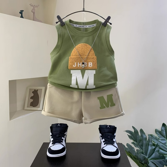 Mini Champ Tank Top & Shorts Set – Green & Beige