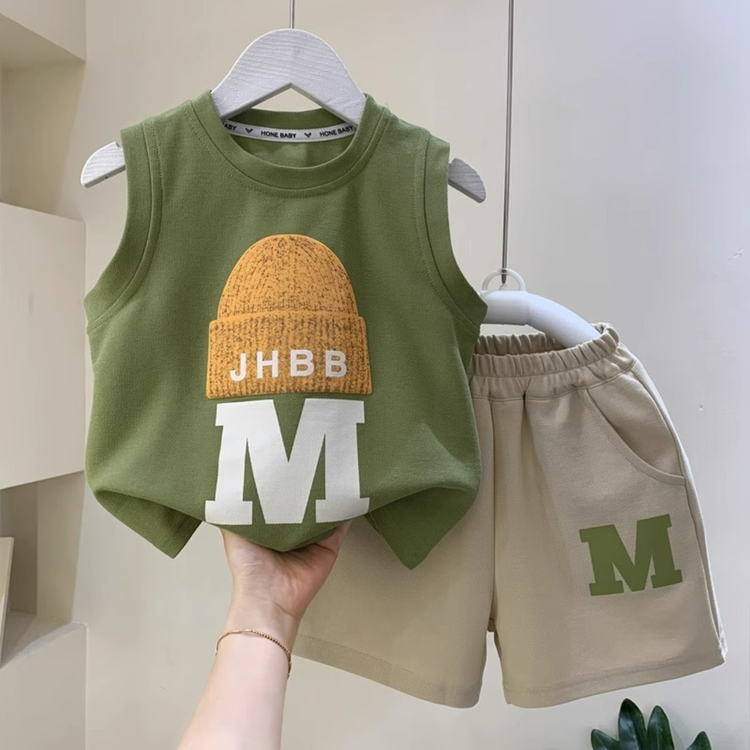 Mini Champ Tank Top & Shorts Set – Green & Beige