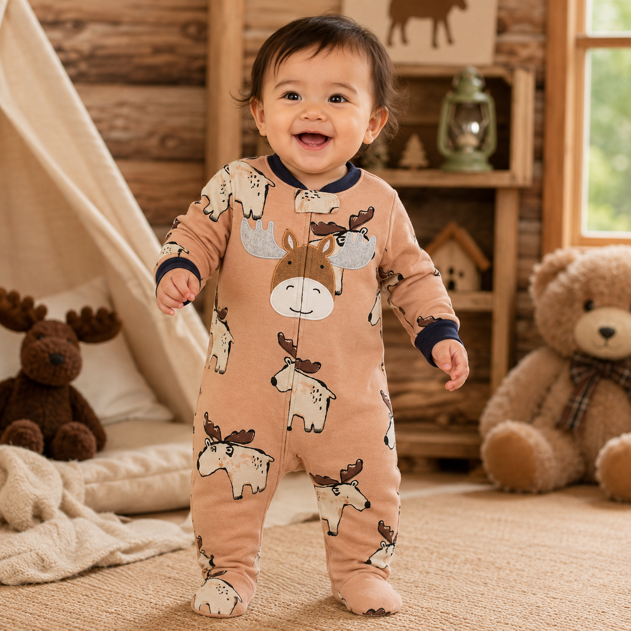 Toddler wearing a beige moose print footed sleeper from Lullaby Threads in a warm woodland nursery setting.
