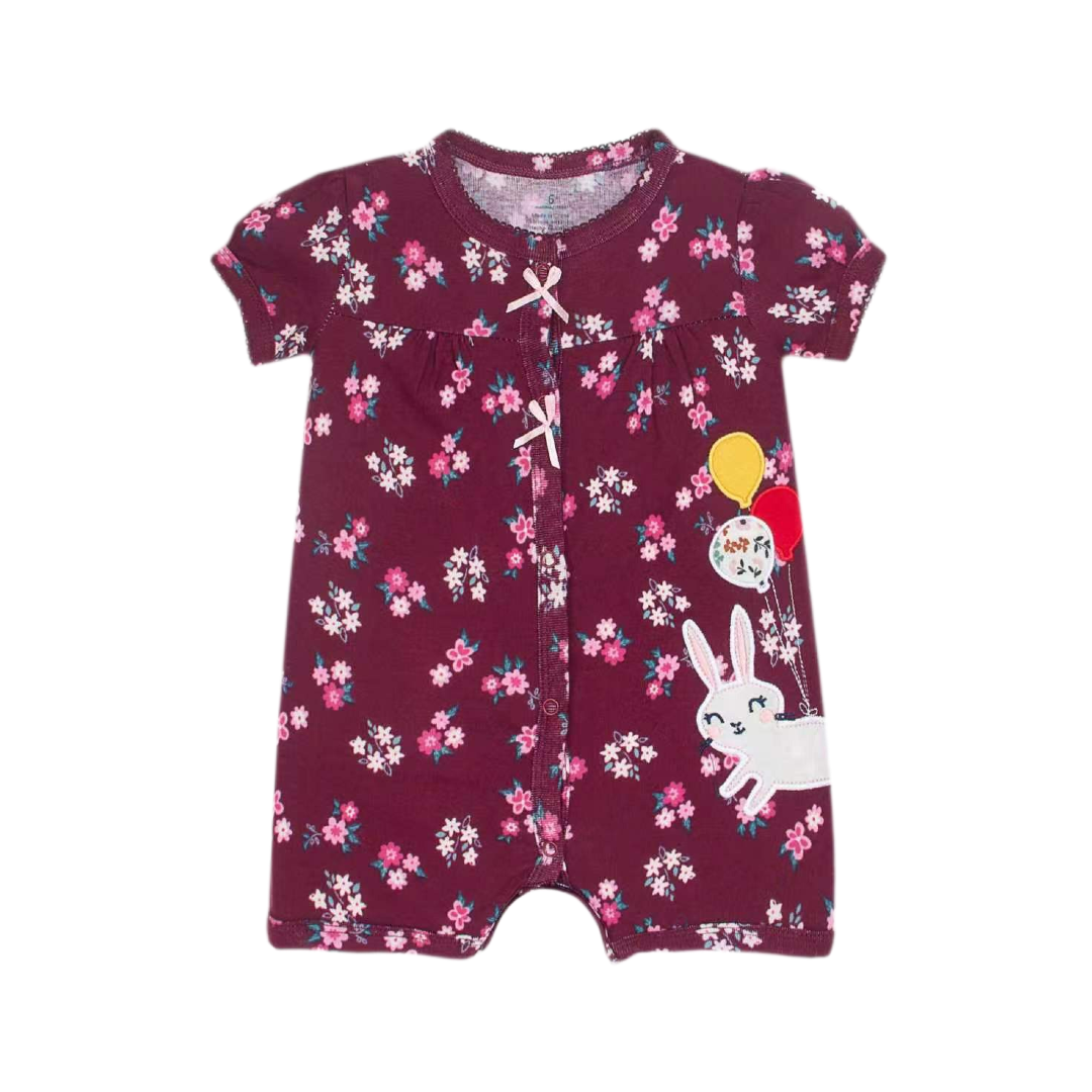 Floral Romper with Bunny Appliqué - Burgundy