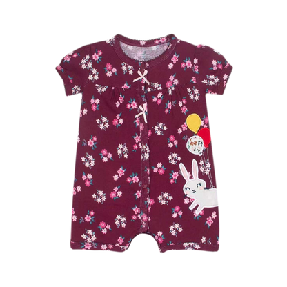 Floral Romper with Bunny Appliqué - Burgundy