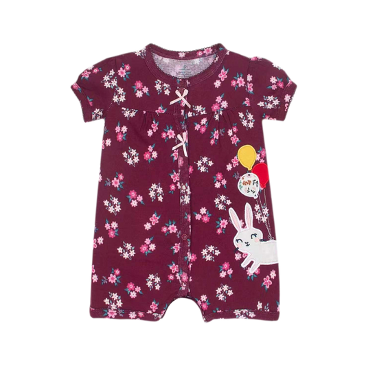 Floral Romper with Bunny Appliqué - Burgundy