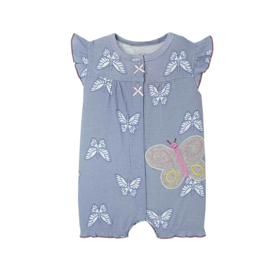 Blue baby romper with butterfly patterns on a white background