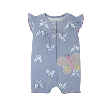 Blue baby romper with butterfly patterns on a white background