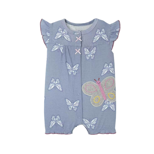 Blue baby romper with butterfly patterns on a white background