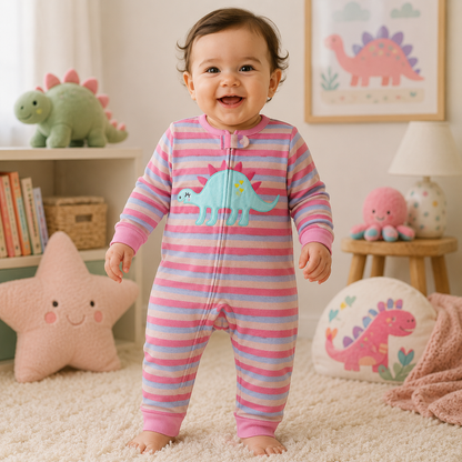 A baby standing on a cream carpet in a nursery, wearing a pink and light blue striped footless one-piece pajama with a light blue dinosaur applique on the chest.