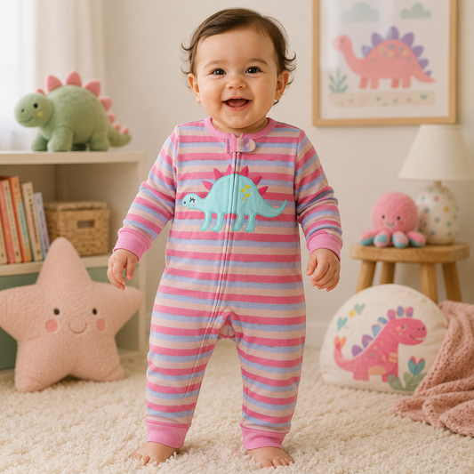 A baby standing on a cream carpet in a nursery, wearing a pink and light blue striped footless one-piece pajama with a light blue dinosaur applique on the chest.