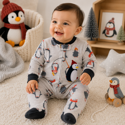 Penguin Adventure Baby Zip Romper – Grey