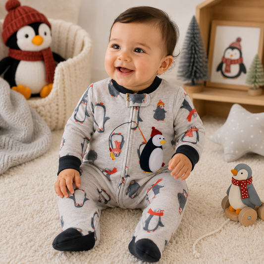 Penguin Adventure Baby Zip Romper – Grey