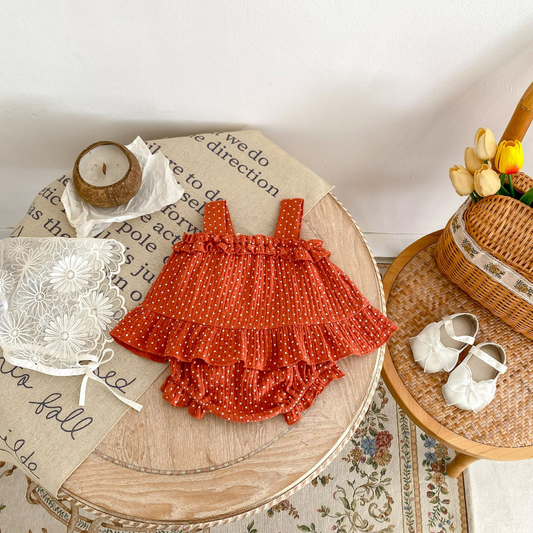 Polka Dot Ruffle Top & Bloomer Set with Bow - Red