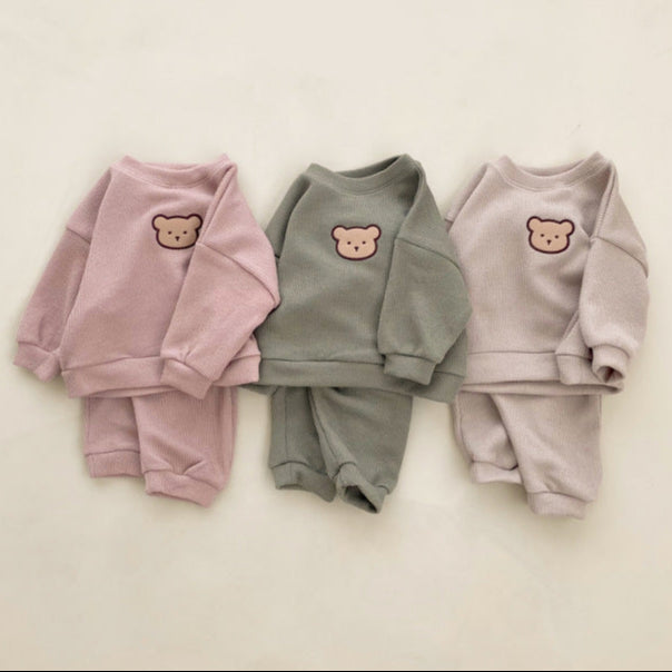 Pullover Baby Tracksuit with Bear Embroidery - Pink