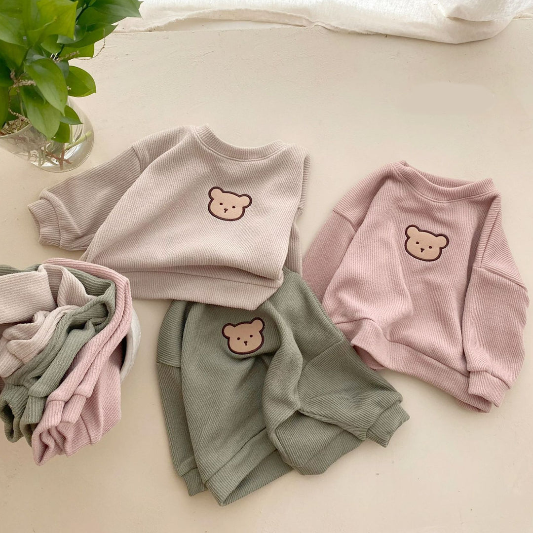 Pullover Baby Tracksuit with Bear Embroidery - Pink