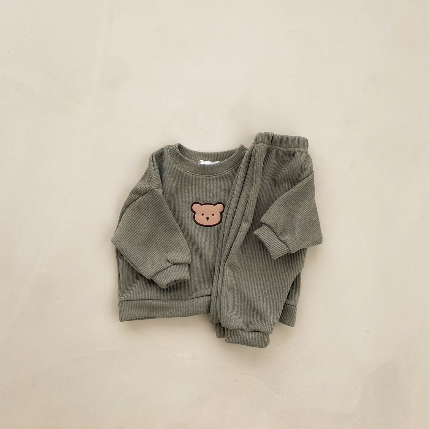 2-piece Pullover Baby Tracksuit with Bear Embroidery - Khaki