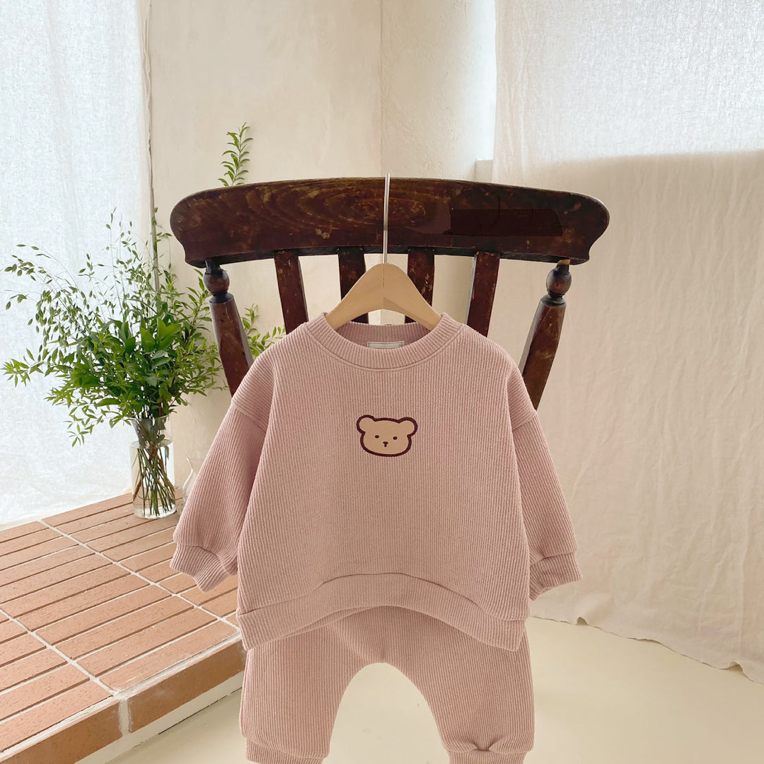 Pullover Baby Tracksuit with Bear Embroidery - Pink