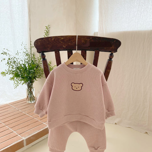 Pullover Baby Tracksuit with Bear Embroidery - Pink