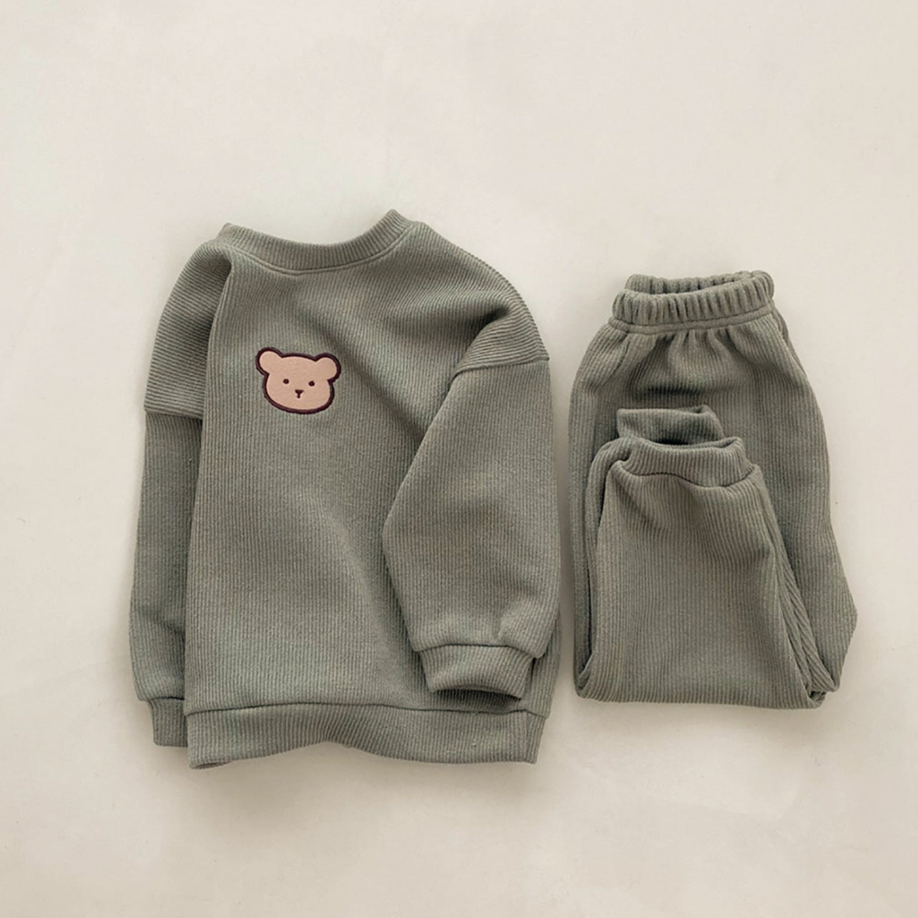 2-piece Pullover Baby Tracksuit with Bear Embroidery - Khaki