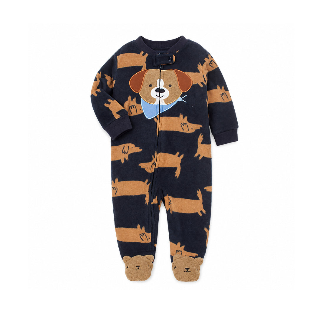 A baby's long-sleeve footed sleeper in navy blue with a tan dachshund dog pattern and a central dog face graphic wearing a blue bandana, shown on a plain white background.