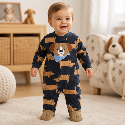 Baby wearing a navy puppy-print polar fleece footed romper with dog appliqué in a cosy nursery setting from Lullaby Threads.