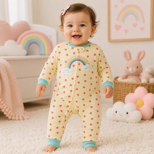 Happy baby wearing the Rainbow Dreams Baby Romper from Lullaby Threads in a pastel rainbow-themed nursery with soft toys and cosy décor.