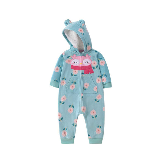 Sweet Owl Baby Fleece Hooded Romper – Aqua Floral