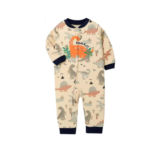 A baby long-sleeve footless one-piece jumpsuit in cream with a colorful dinosaur print and navy blue trim, shown on a plain white background.