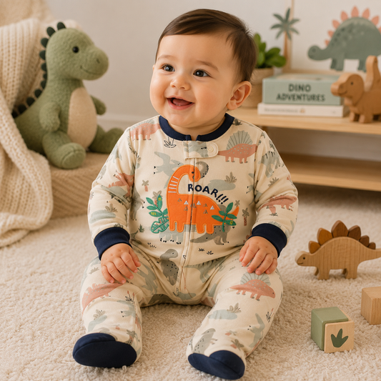 A baby sitting on a cream carpet wearing a long-sleeve footed sleeper with a dinosaur print. The sleeper has a cream base with navy blue trim and an orange dinosaur graphic with the word 'ROAR!!!' on the front.