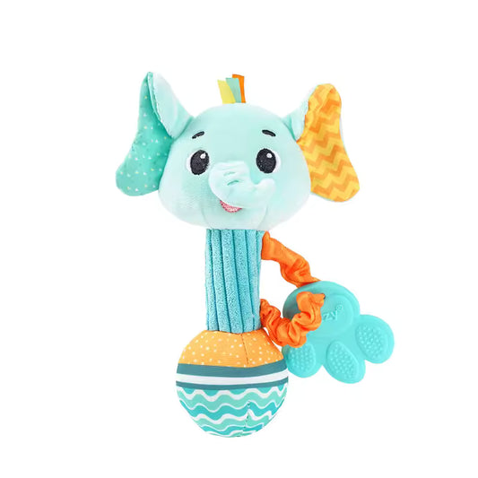 Soft elephant baby rattle with crinkle ears and squeaker – Lullaby Threads