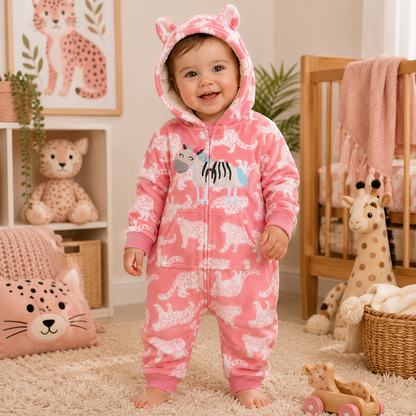 Toddler wearing a pink animal-print polar fleece hooded romper with zebra appliqué, front pockets and little hood ears from Lullaby Threads.