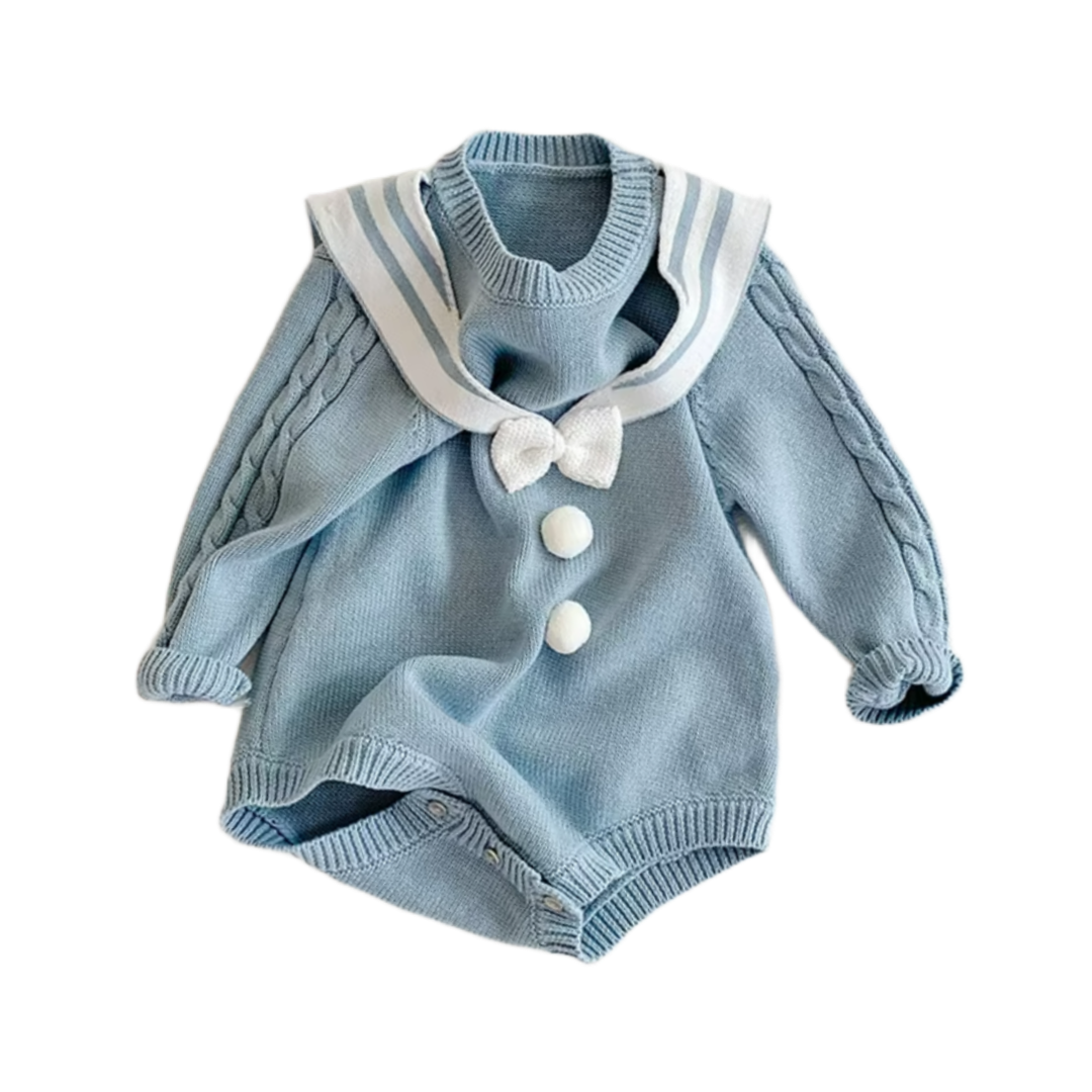 Sailor Knit Romper with Bow Detail - Blue