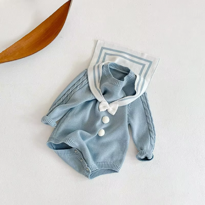 Sailor Knit Romper with Bow Detail - Blue