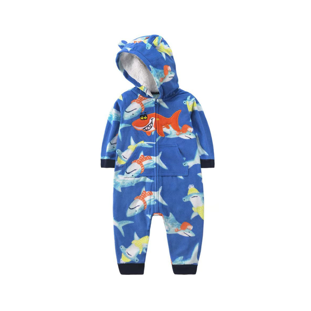 Shark Adventure Baby Fleece Hooded Romper – Ocean Blue