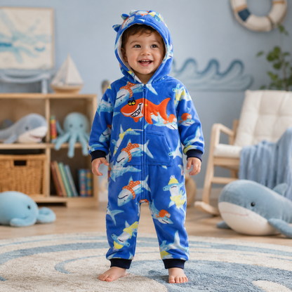 Toddler wearing a blue shark-print polar fleece hooded romper with orange shark appliqué, front pockets and ribbed cuffs from Lullaby Threads.