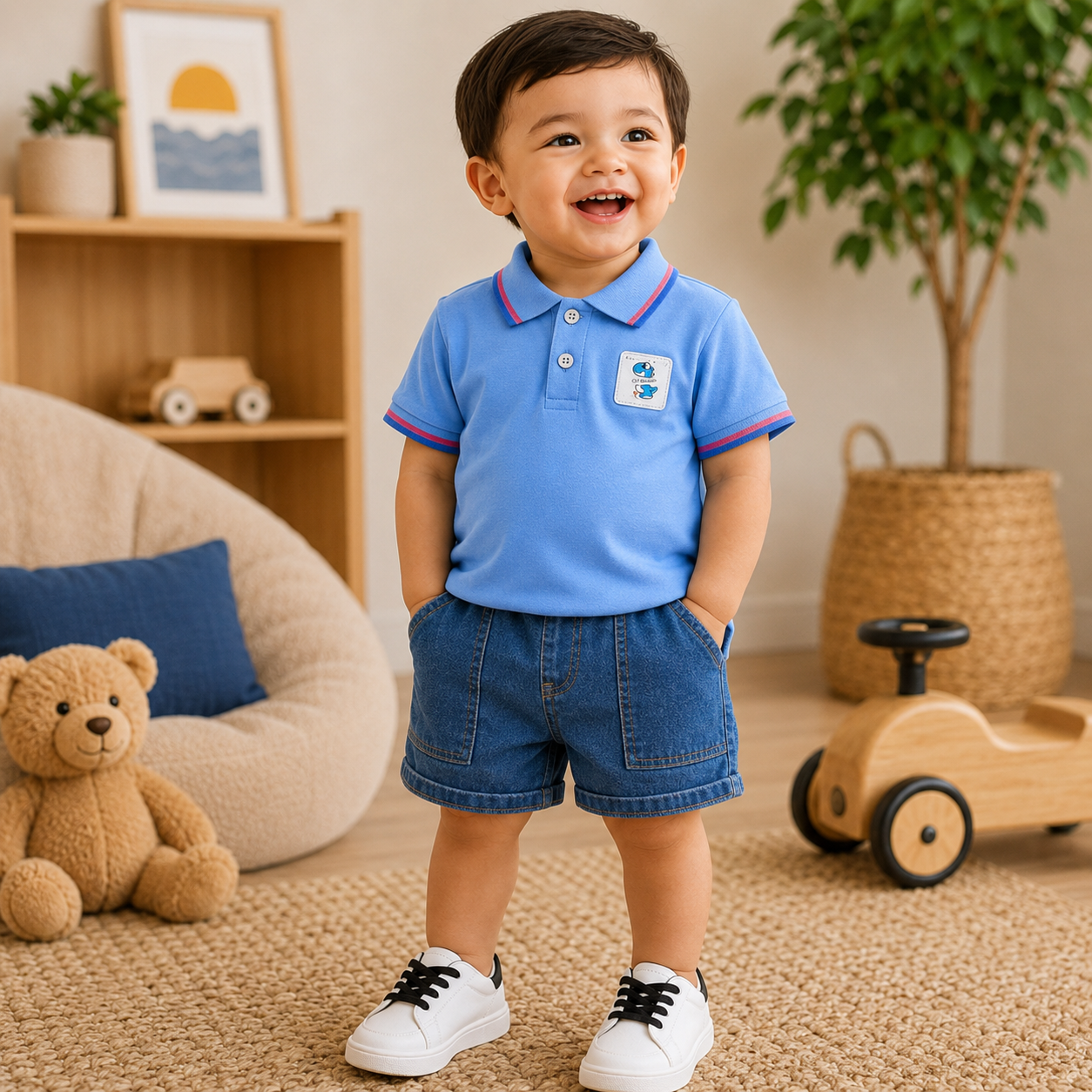 Toddler wearing a sky-blue polo shirt with striped trims and denim shorts in a warm boutique playroom from Lullaby Threads.
