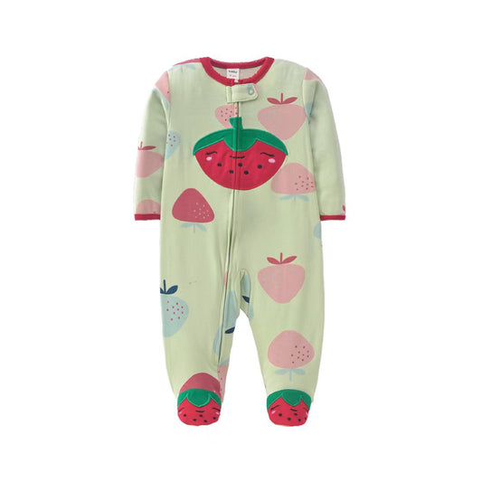 A baby footed sleeper in pale yellow-green with a playful strawberry and watermelon print, featuring a front zipper and snap closures.