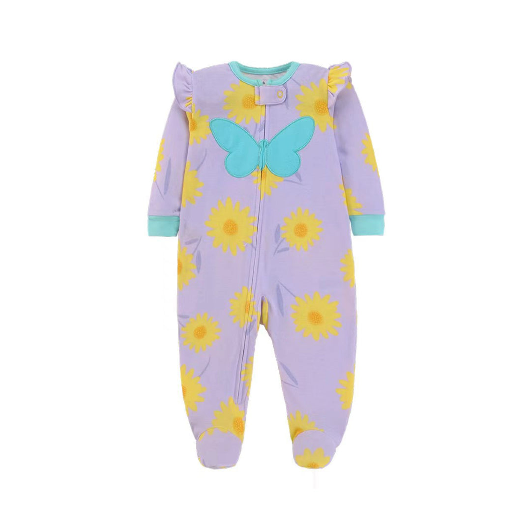 A baby footed sleeper in lavender purple with a yellow sunflower print, a light blue butterfly applique on the chest, and light blue trim on the cuffs and collar.