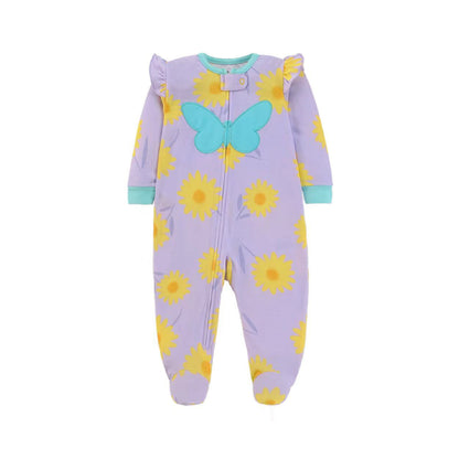 A baby footed sleeper in lavender purple with a yellow sunflower print, a light blue butterfly applique on the chest, and light blue trim on the cuffs and collar.