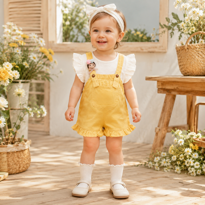 Baby girl wearing a white flutter-sleeve top and mustard ruffle shortall in a warm summer garden setting from Lullaby Threads.