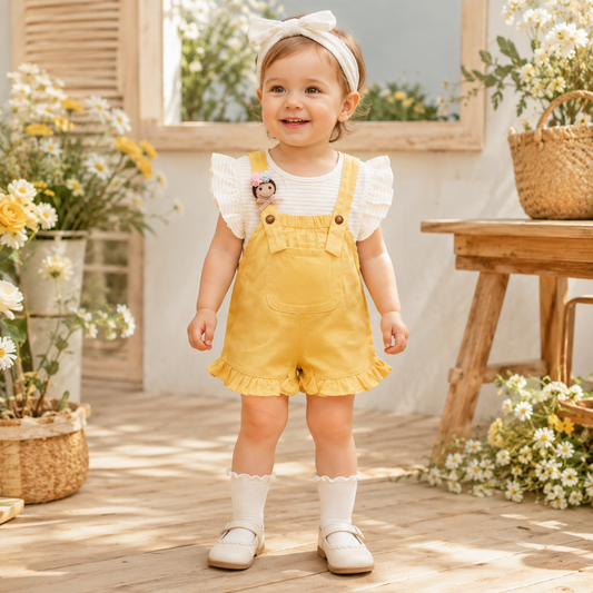 Baby girl wearing a white flutter-sleeve top and mustard ruffle shortall in a warm summer garden setting from Lullaby Threads.