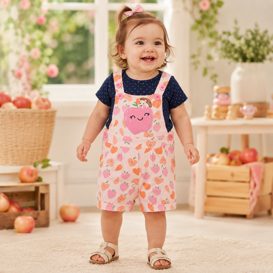 Baby girl wearing a navy polka-dot T-shirt and pink apple-print shortall in a bright orchard-themed playroom from Lullaby Threads.