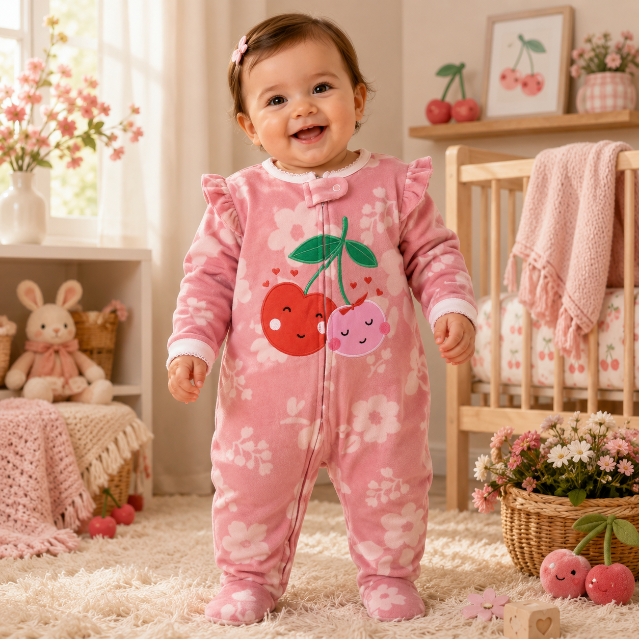 Baby wearing a dusty pink floral polar fleece footed romper with smiling cherry appliqué and ruffled shoulders in a soft nursery from Lullaby Threads.